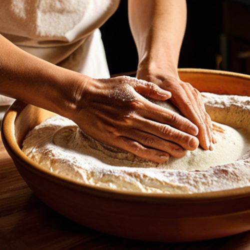 Home 11 **Image of a baker meticulously refreshing a sourdough starter.** Focus on the textures of the flour and water, the bubbling activity of the starter, and the warm, inviting atmosphere of a Spanish kitchen ("cocina"). Consider using warm, golden light to highlight the artisanal aspect and the "alma" (soul) of the sourdough.