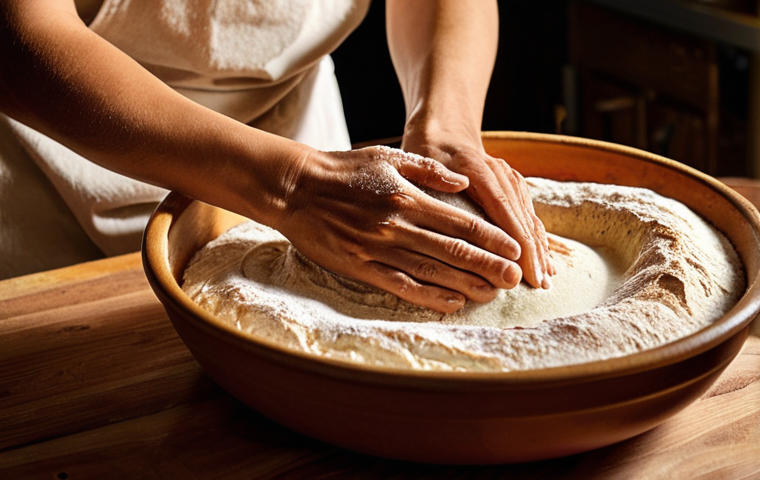 **Image of a baker meticulously refreshing a sourdough starter.** Focus on the textures of the flour and water, the bubbling activity of the starter, and the warm, inviting atmosphere of a Spanish kitchen ("cocina"). Consider using warm, golden light to highlight the artisanal aspect and the "alma" (soul) of the sourdough.