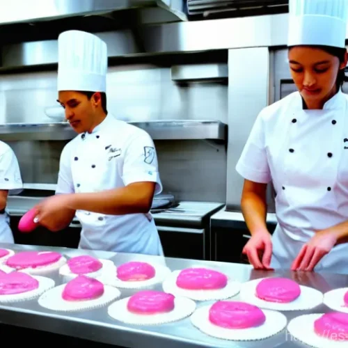 Home 27 제과제빵 자격증 관련 학과 정보 - A bright, modern professional pastry school kitchen. A diverse group of enthusiastic young students,...