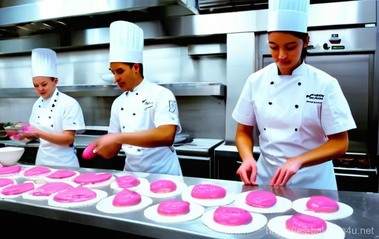 제과제빵 자격증 관련 학과 정보 - A bright, modern professional pastry school kitchen. A diverse group of enthusiastic young students,...