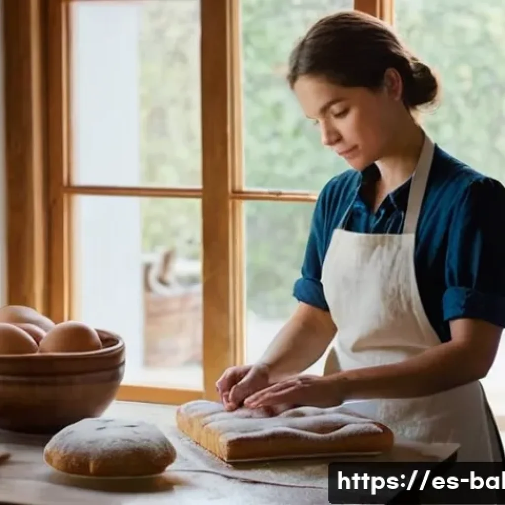 제과제빵 관련 업무 일기 작성법 - **A Baker's Reflective Moment:** A serene, modestly dressed female baker in a cozy, sunlit kitchen, ...