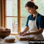Home 12 제과제빵 관련 업무 일기 작성법 - **A Baker's Reflective Moment:** A serene, modestly dressed female baker in a cozy, sunlit kitchen, ...