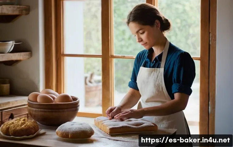 제과제빵 관련 업무 일기 작성법 - **A Baker's Reflective Moment:** A serene, modestly dressed female baker in a cozy, sunlit kitchen, ...