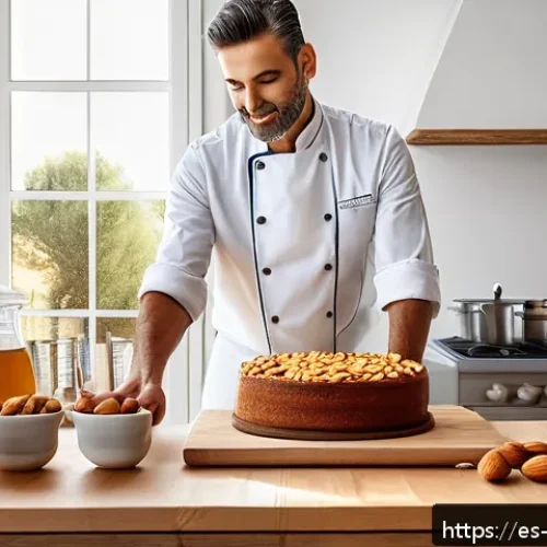 Home 31 제과제빵 관련 유용한 온라인 강의 - A modern Spanish kitchen scene featuring a pastry chef preparing a traditional Mallorca almond cake ...
