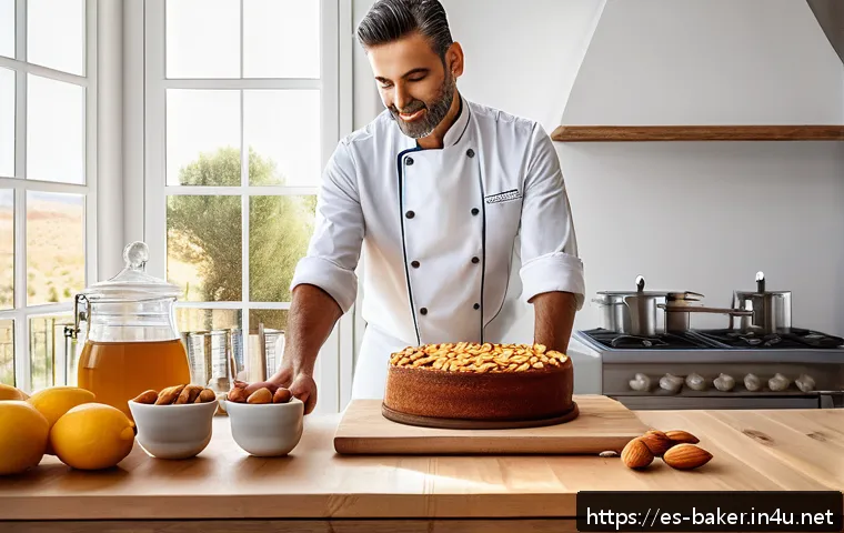제과제빵 관련 유용한 온라인 강의 - A modern Spanish kitchen scene featuring a pastry chef preparing a traditional Mallorca almond cake ...