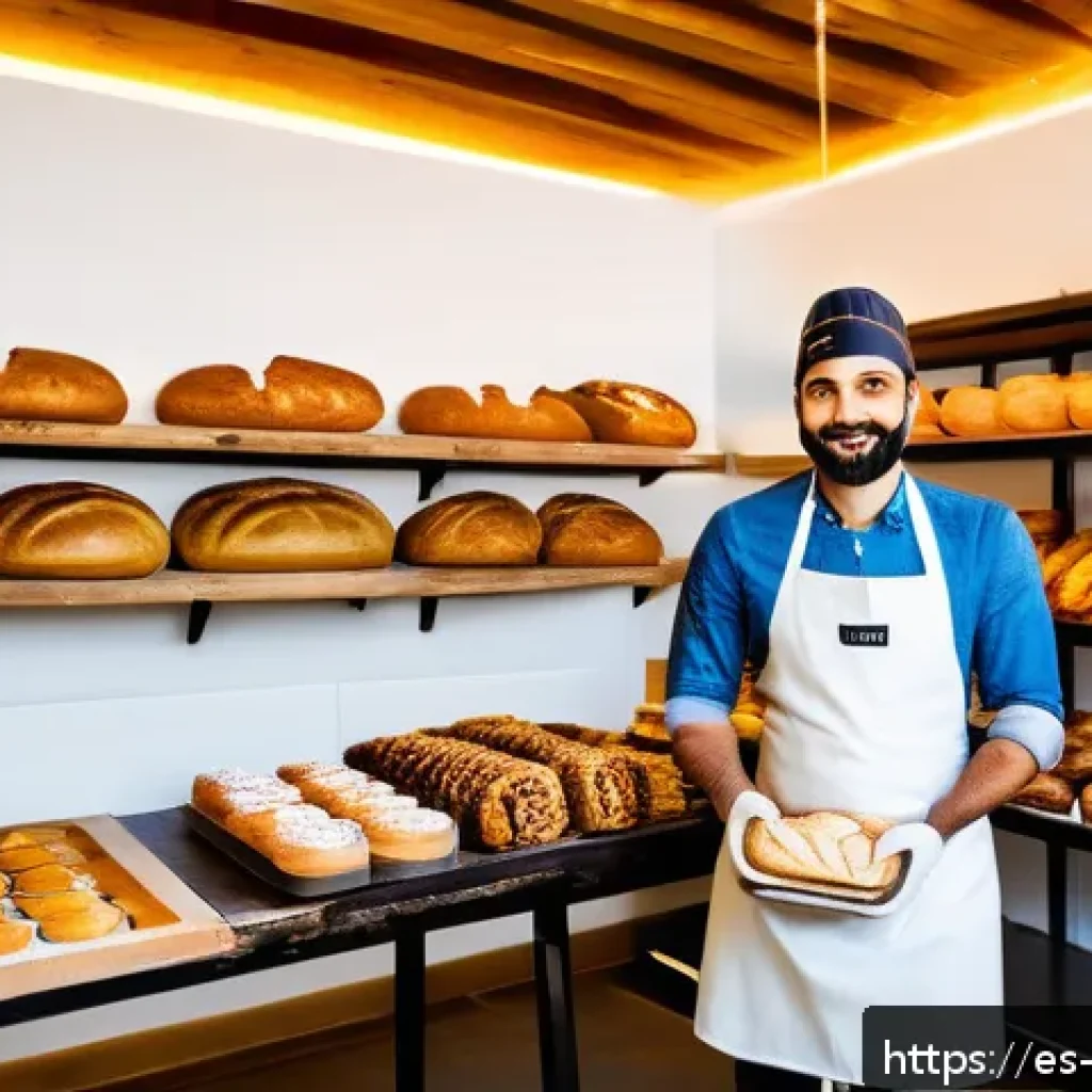 제과제빵 업계에서 필요한 스킬 - A modern artisan bakery interior blending traditional rustic wooden shelves filled with naturally fe...