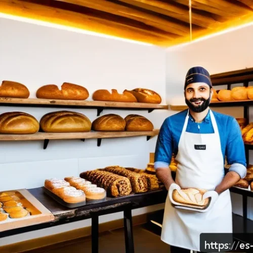 Home 30 제과제빵 업계에서 필요한 스킬 - A modern artisan bakery interior blending traditional rustic wooden shelves filled with naturally fe...