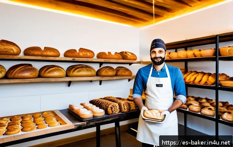 제과제빵 업계에서 필요한 스킬 - A modern artisan bakery interior blending traditional rustic wooden shelves filled with naturally fe...