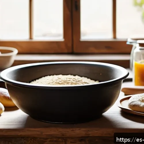 Home 17 제과제빵 전문가 되는 법 - A cozy, rustic kitchen scene featuring a baker’s workspace with essential tools: a large mixing bowl...