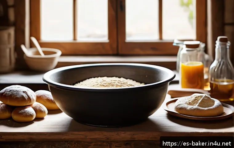 제과제빵 전문가 되는 법 - A cozy, rustic kitchen scene featuring a baker&rsquo;s workspace with essential tools: a large mixing bowl...