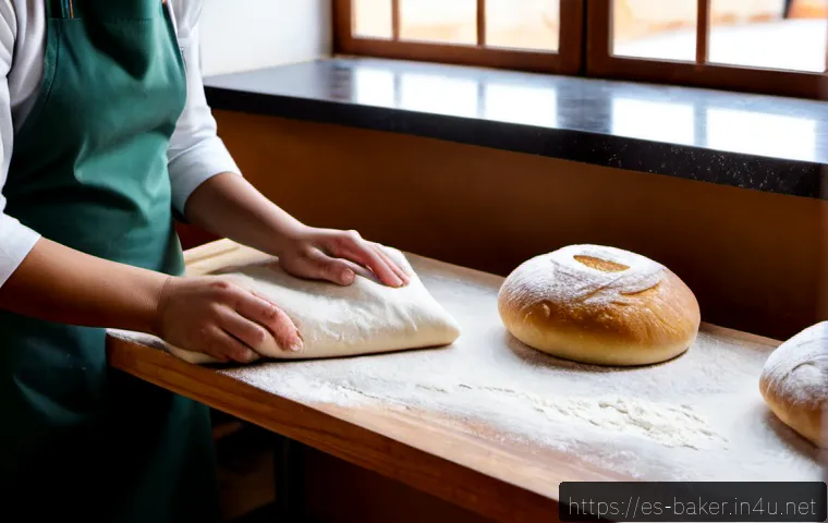 Home 17 제과제빵 실무에서 자주 쓰는 기술 - Photorealistic artisan bakery workstation in a warm Spanish panadería, skilled baker’s hands shaping...