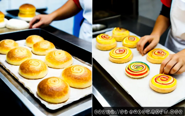 제과제빵 자격증 난이도 비교 - Photorealistic split-scene comparison of a Spanish culinary student preparing simple golden bread ro...