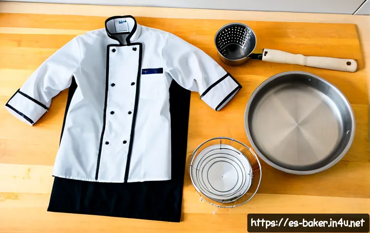 제과제빵 자격증 시험 준비물 체크리스트 - Photorealistic overhead flat lay of essential supplies for a professional baking certification exam ...